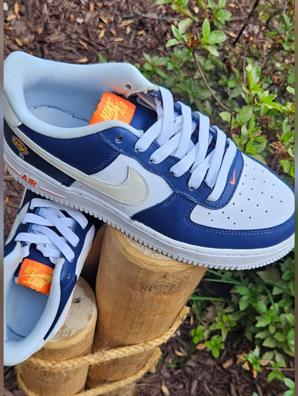 Nike Air Force 1 Low Grade School Sneakers Navy/White with Orange Accents